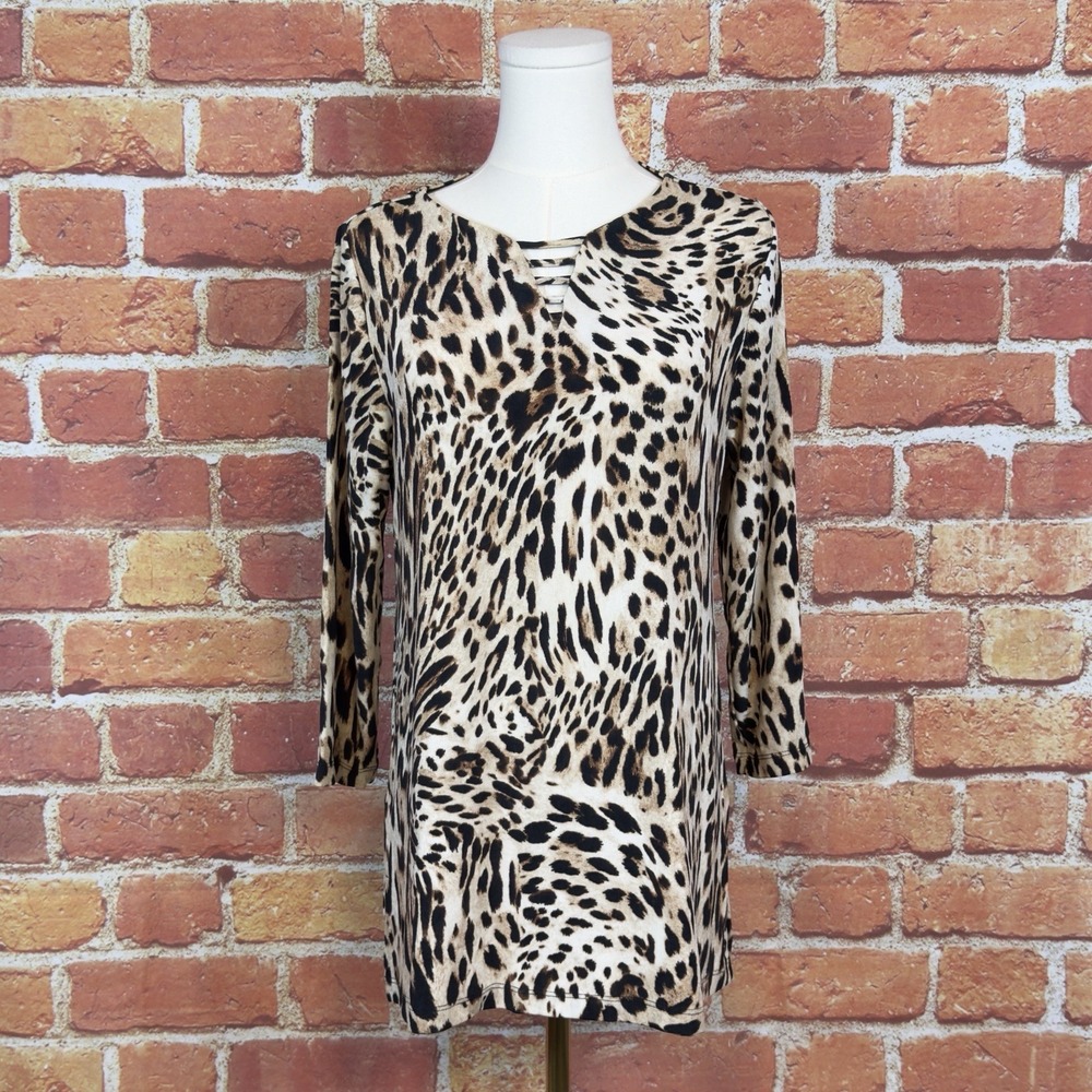 Chico's Travelers Women's Size 0 Beige‎ Black Animal Print 3/4 Sleeve Tunic